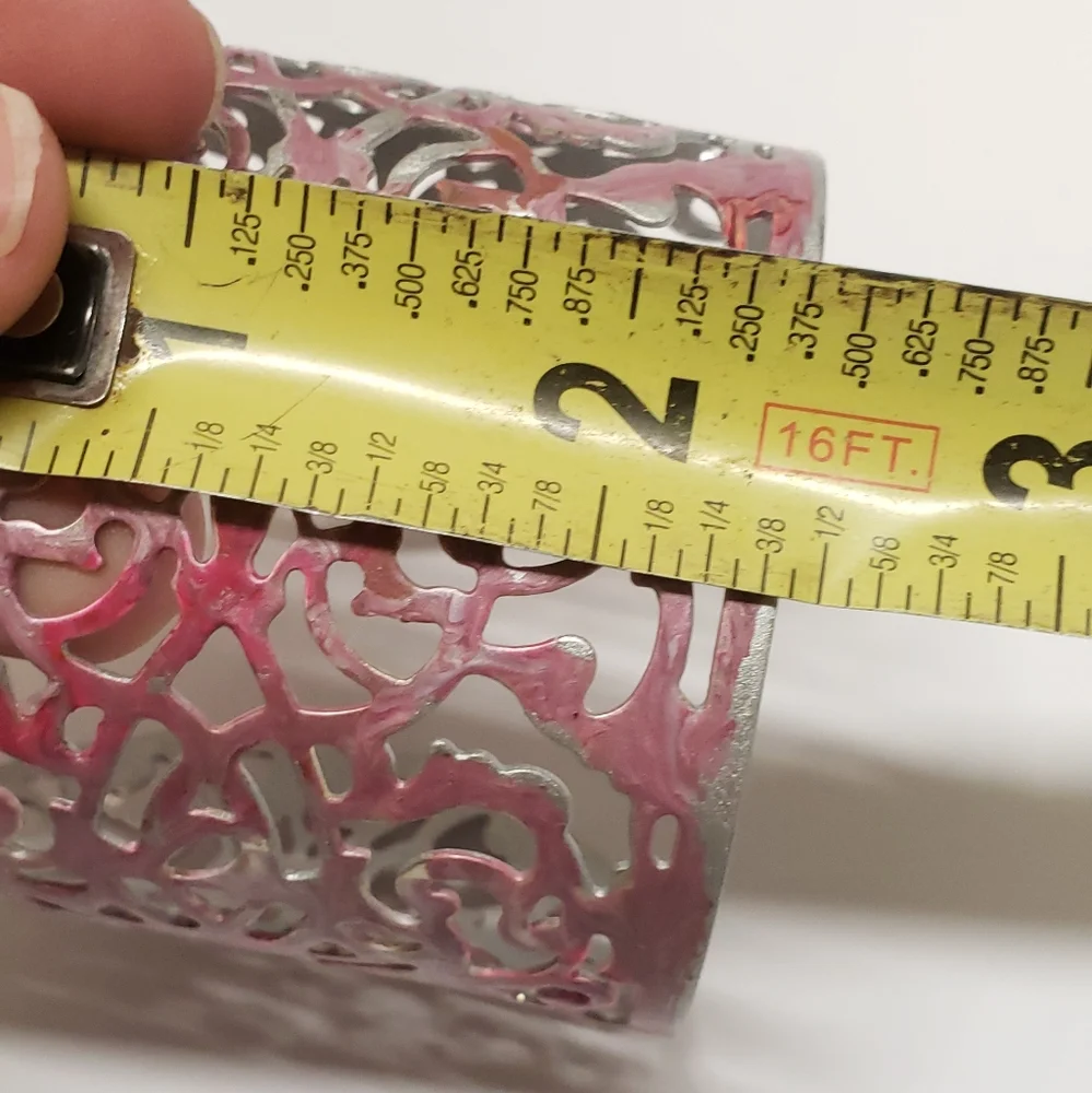 Hand Painted Abstract Pink & Silver Cuff Bracelet Filigree Statement Bracelet